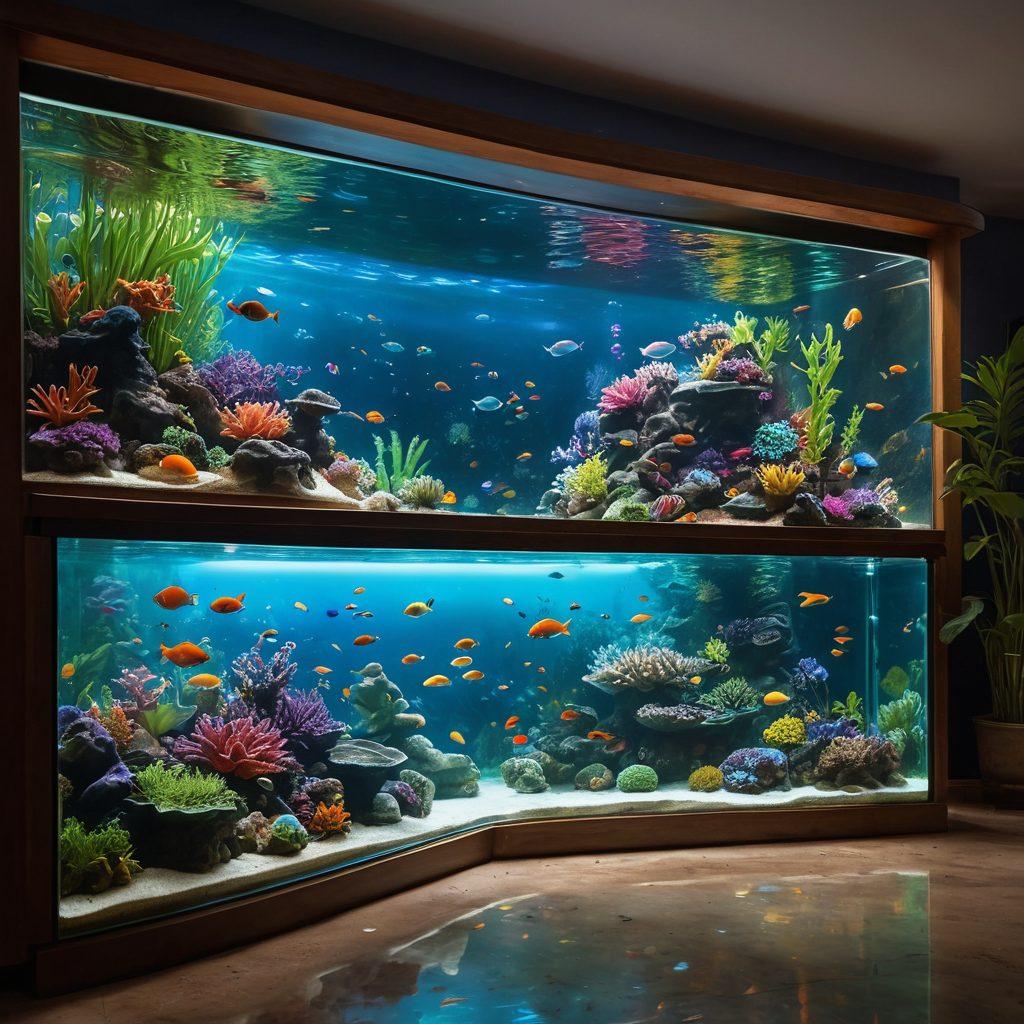 A vibrant underwater scene showcasing a diverse aquarium filled with colorful fish, intricate coral reefs, and lush aquatic plants. Include fishkeeping enthusiasts observing and interacting with their tanks, showcasing tools like nets and water testers, all set in a cozy home environment. The composition should evoke a sense of community and passion for fishkeeping. super-realistic. vibrant colors. 3D.
