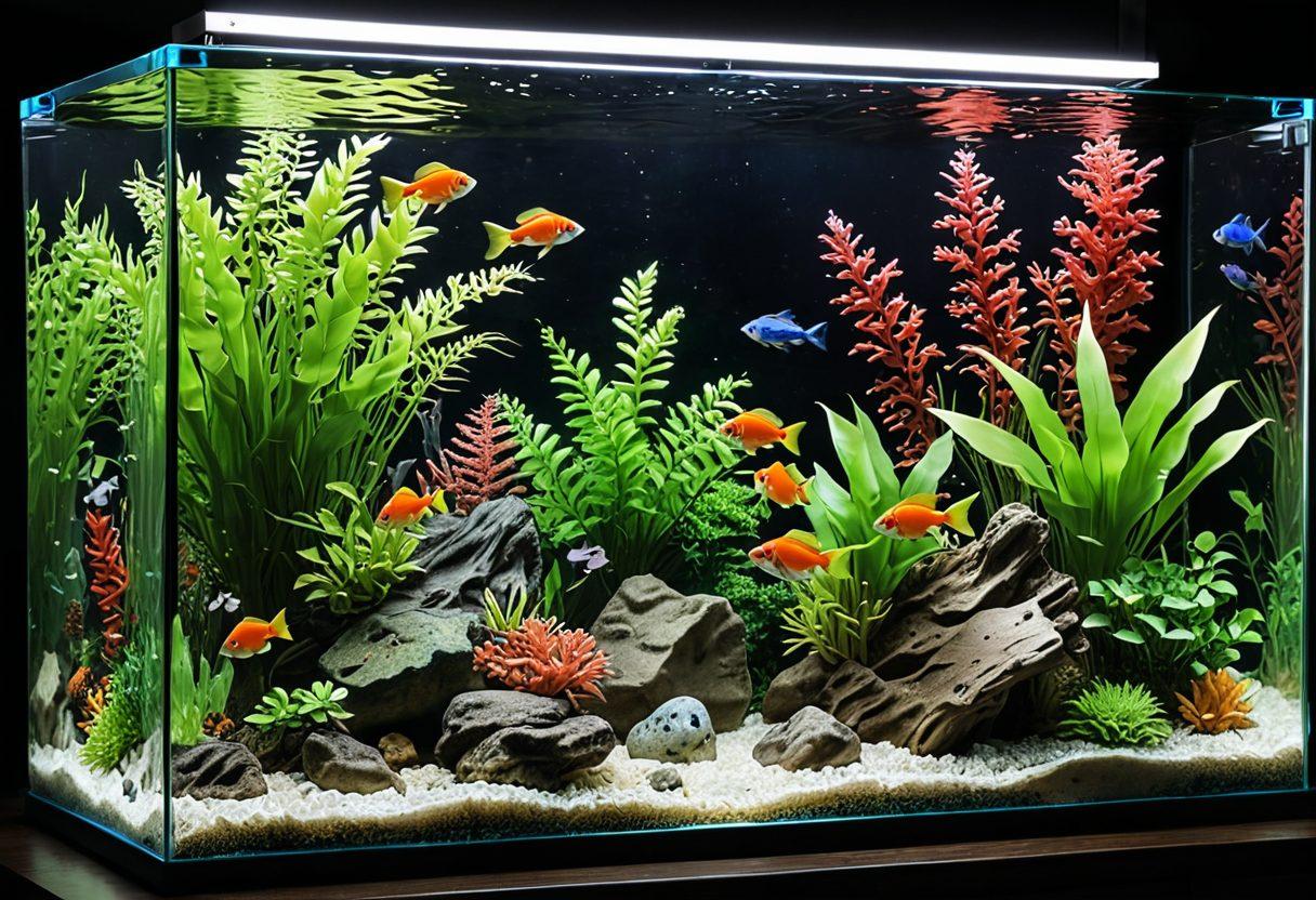 A beautifully arranged fish tank showcasing vibrant aquatic plants and colorful fish swimming harmoniously. The tank is equipped with a filtration system and visible water parameters. Include a backdrop of coral and rocks for a natural habitat feel. Soft, ambient lighting enhances the serene atmosphere. super-realistic. vibrant colors. 3D.